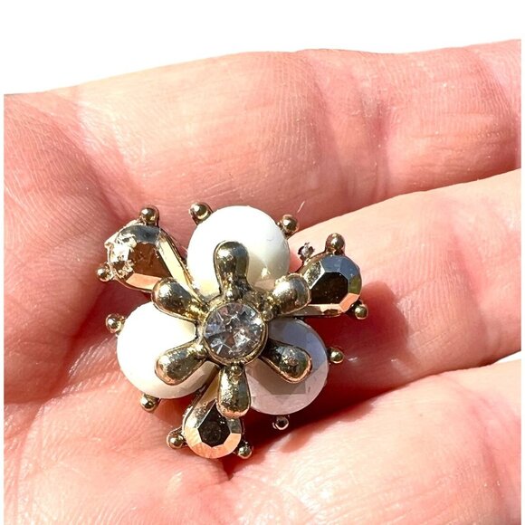 Vintage Gold & White MCM Starburst Clip-On Earrings With Rhinestones - Picture 5 of 7